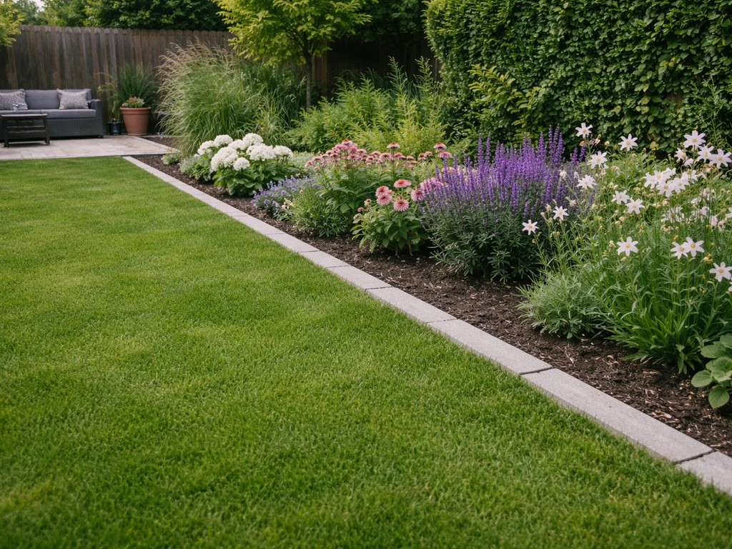 Strak gazon met een verzorgde rand die het scheidt van een bloemenborder in een tuin