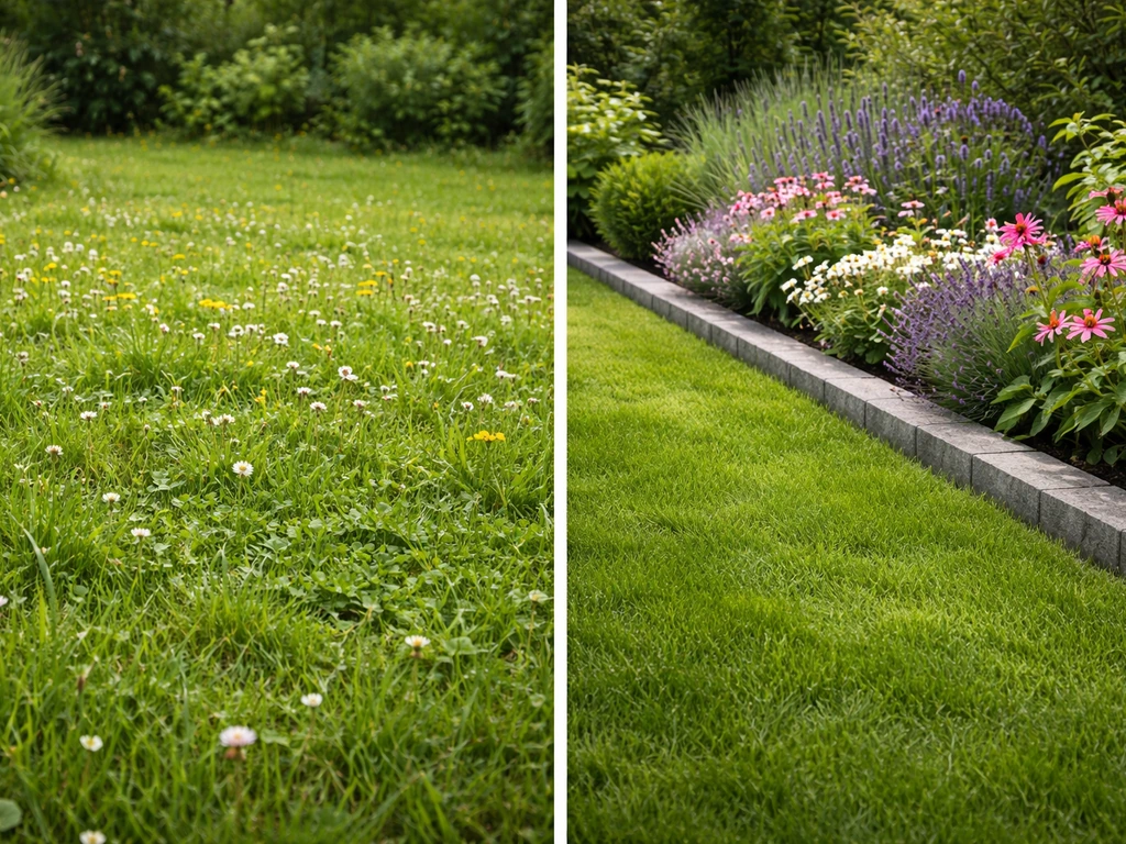 Nette border-rand naast gazon met bloemetjes die tussen het gras groeien, in één tuinbeeld.