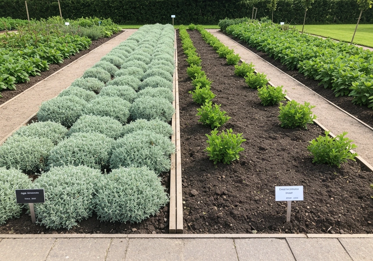 Nette gazonrand en borderzone met zichtbare bodemlaagverschillen en gelijke plantafstand in één tuinbeeld.