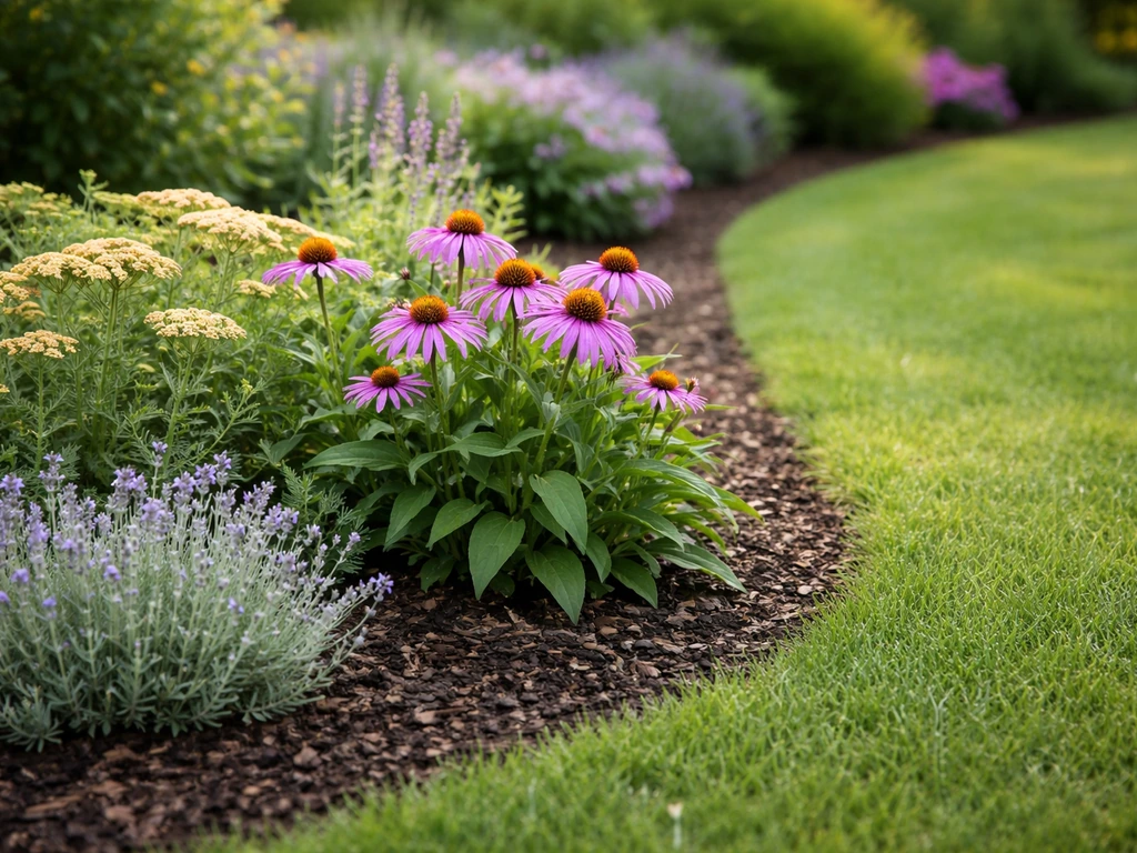 Close-up van een randplanting met bloemen en vaste planten op 20–30 cm van de gazonrand.