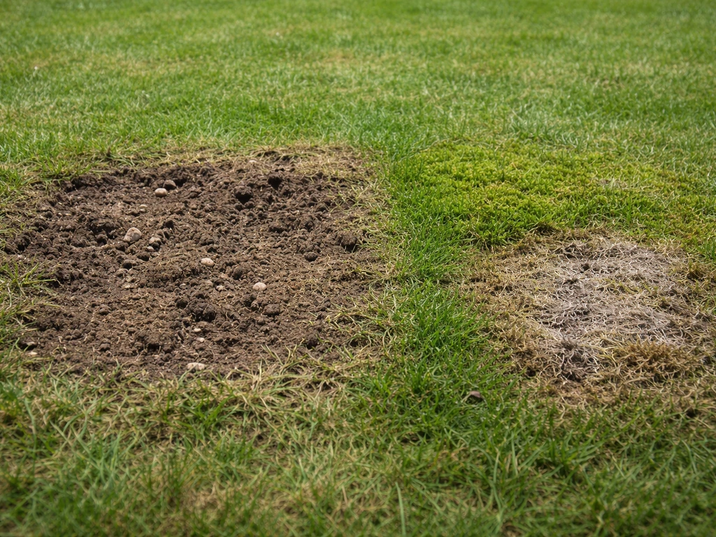Twee naast elkaar liggende gazonplekken met bruine kale plekken en een groene mosrand, bij daglicht gefotografeerd.