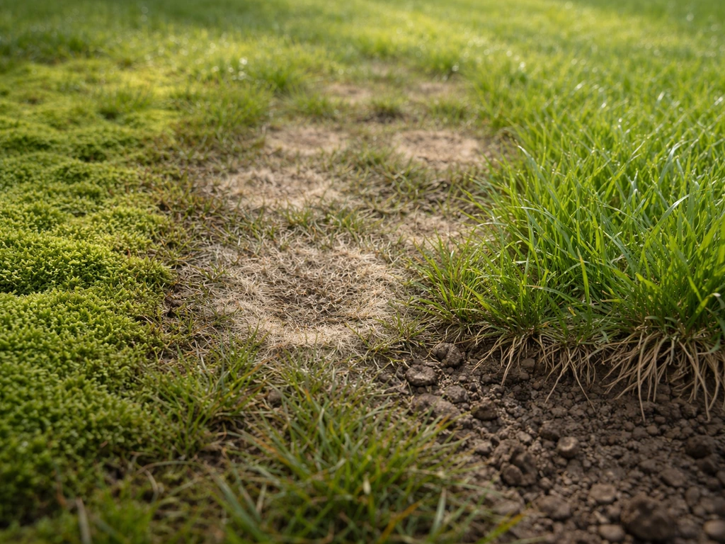 Tuingras met mosrijke groene plekken, schimmelachtige onregelmatige plek en grassprieten die nog wortelen