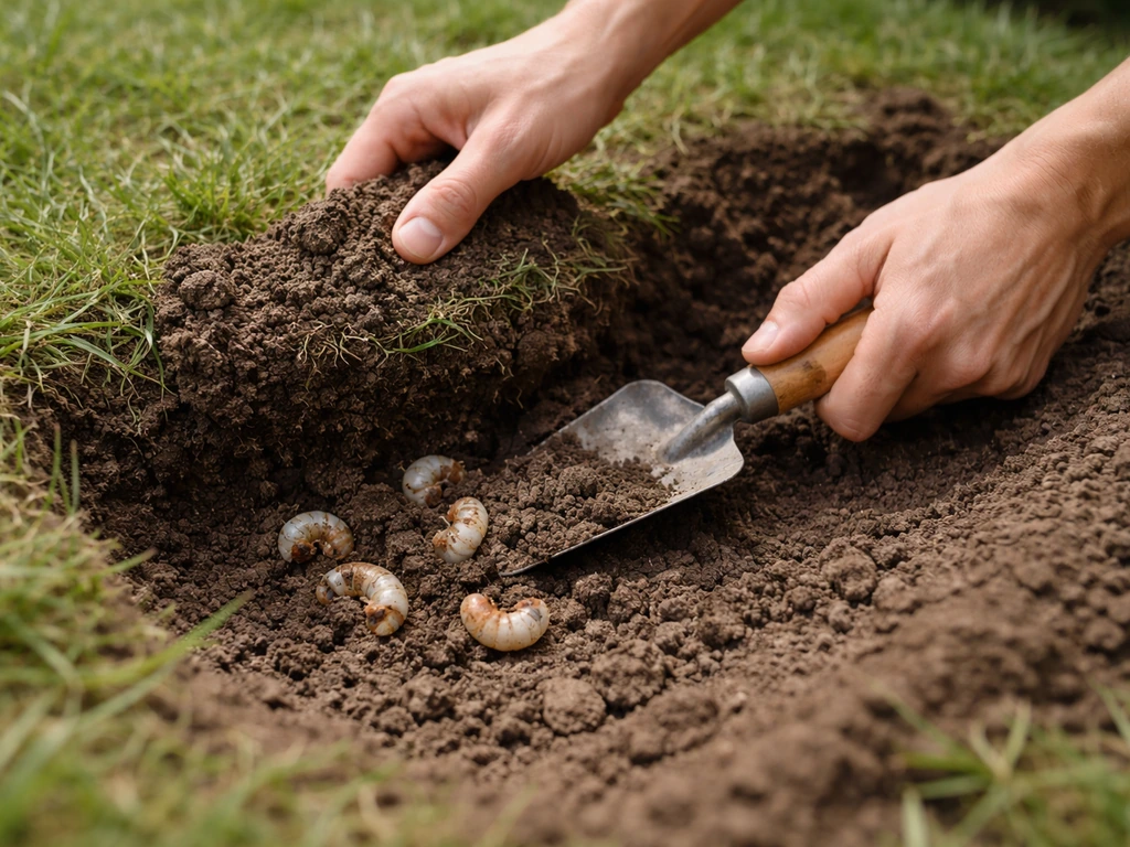 Anonieme handen die larven uit een uitgegraven grasblok verwijderen in de tuin, met aarde en grasrand.
