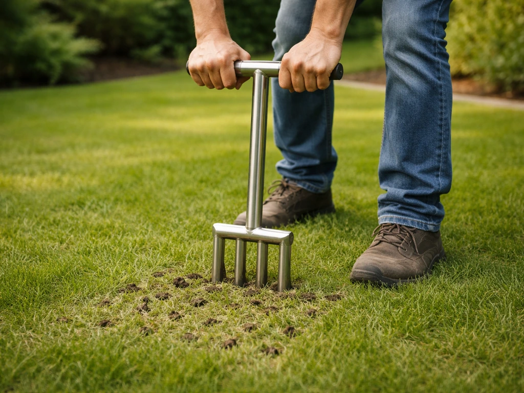 Tuinier die met een luchtvork gaatjes prikt in het gazon tot in de bodem, klaar om te beluchten.