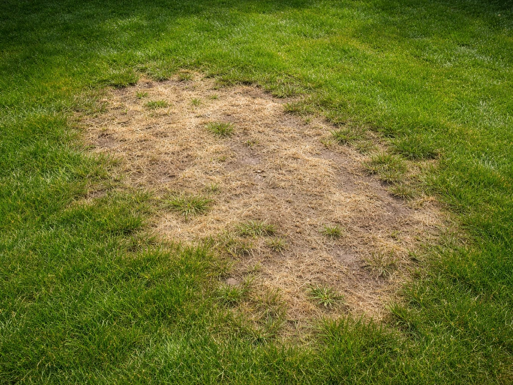 Bovenaanzicht van een Nederlands gazon met duidelijk zichtbare dorre, lichte plekken tussen gezond groen gras.