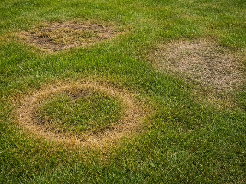 Tuin/gras met meerdere dorre plekken in verschillende vormen en kleuren om te vergelijken
