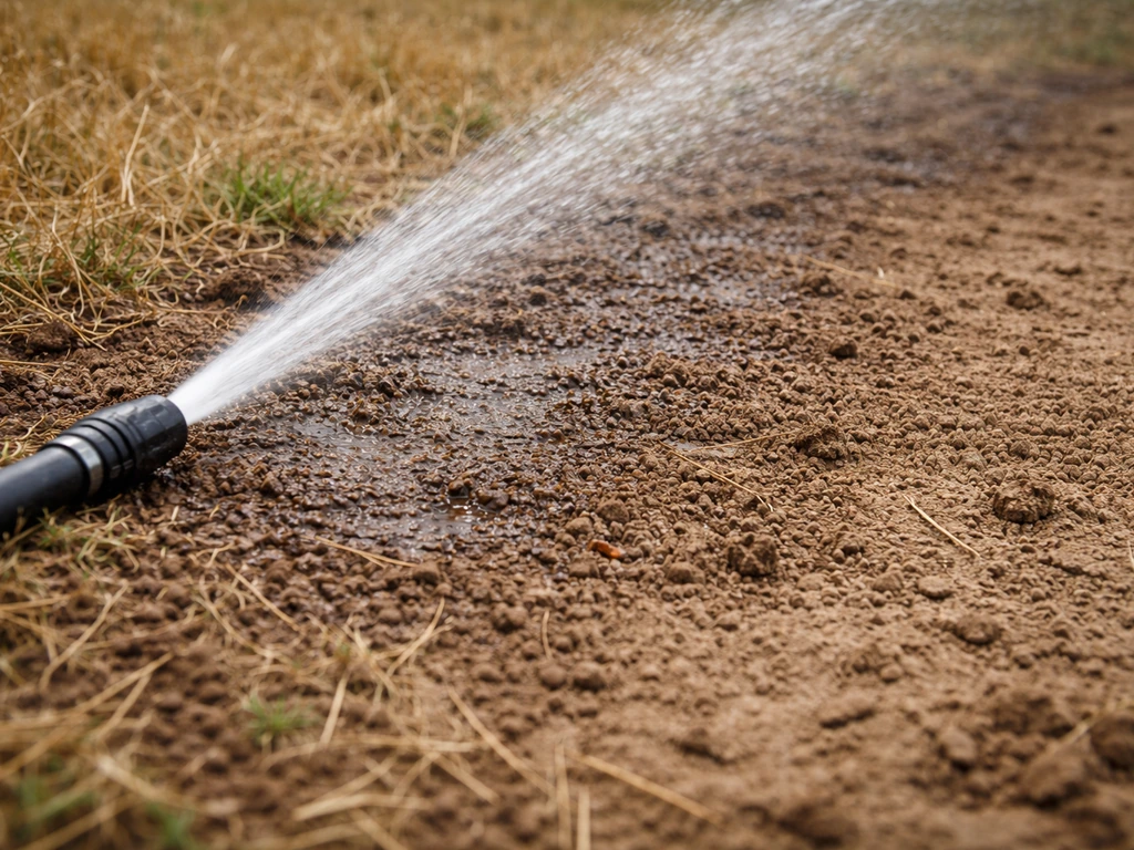 Tuinbesproeiing met slang en sproeier die een droge strook water geeft, focus op vochtige wortelzone