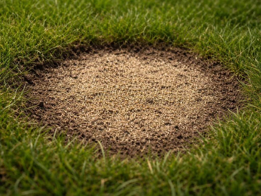 Close-up van een kaal gazonplekje met vers graszaad en lichte afdeklaag voor doorzaaien.
