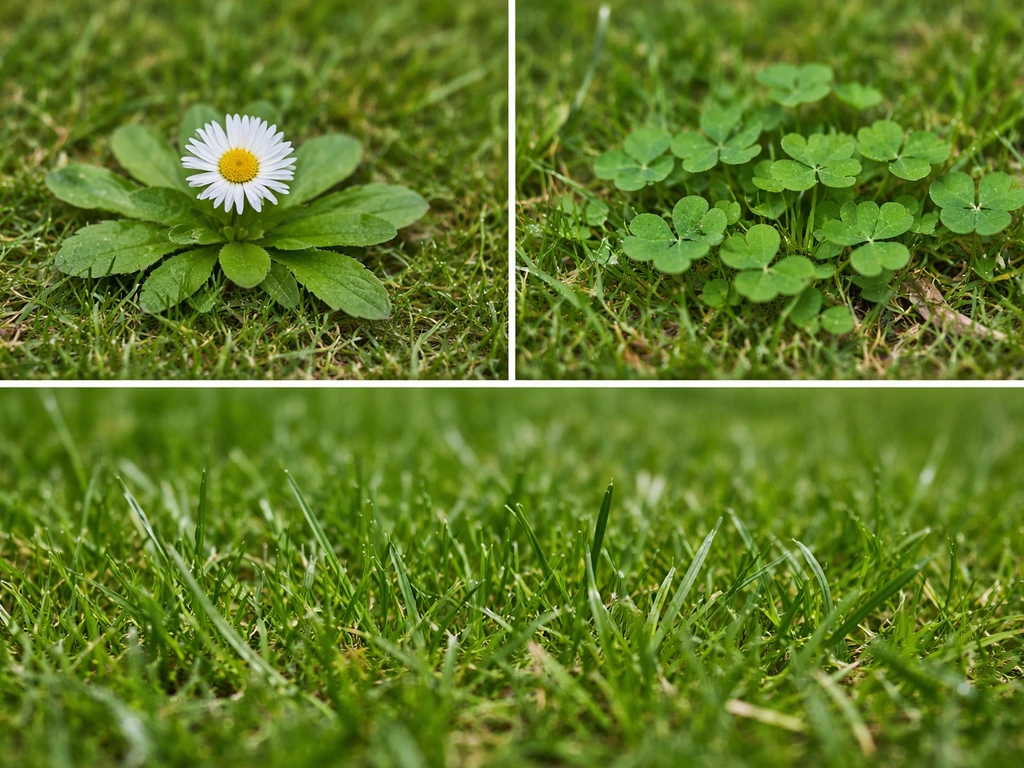 Vergelijking in een Nederlands gazon: madeliefje/klaver naast echt gras met duidelijke blad- en rozetstructuur