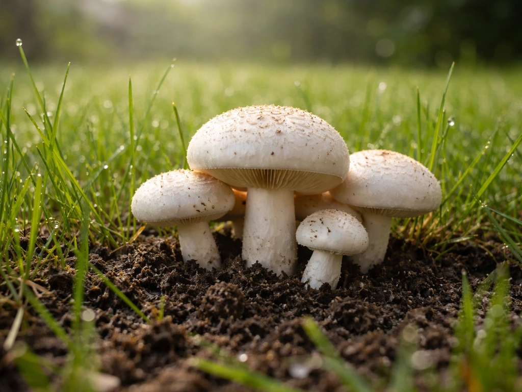 Opvallende champignons tussen het gazongras in een vochtige tuin, close-up met zichtbare bodem en grassprieten.