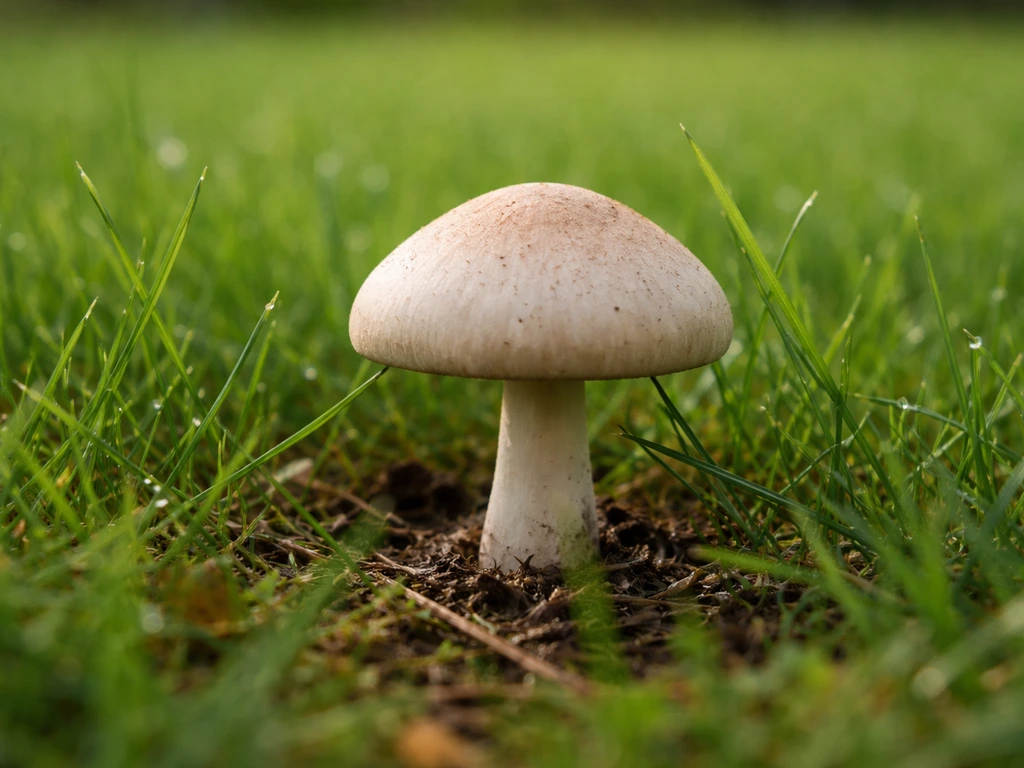 Close-up van een paddenstoel tussen kort gras in een gazon, met natuurlijke bladafval en onscherpe achtergrond.