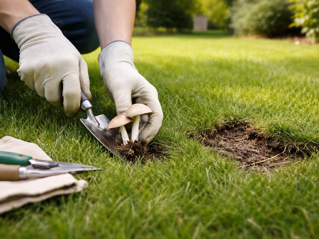 Anonieme tuinier verwijdert met handschoenen paddenstoelen uit het gazon en controleert snel schadeplekken.