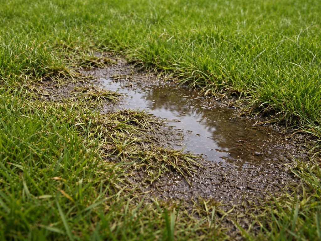 Natte, slecht-draineerende plek in een gazon na regen, met slapper gras en contrast met drogere ondergrond.