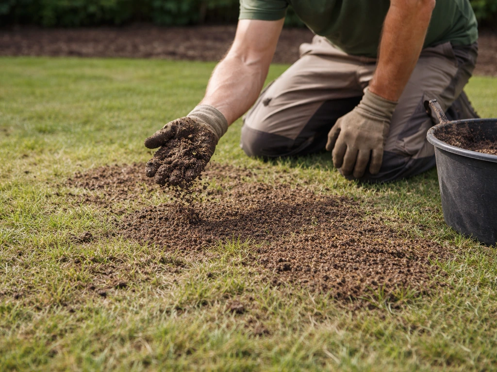 Tuinman brengt een dunne topdressinglaag aan op een gazon na beluchten en licht verticuteren.