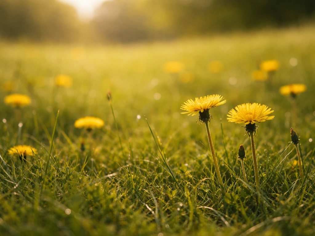 Nederlands gazon met gele bloemen tussen het gras, centraal scherp met zachte dieptewerking