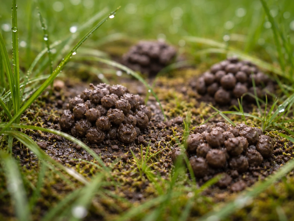 Close-up van kleine modderige regenwormhoopjes tussen het gras, met waterdruppels na regen.
