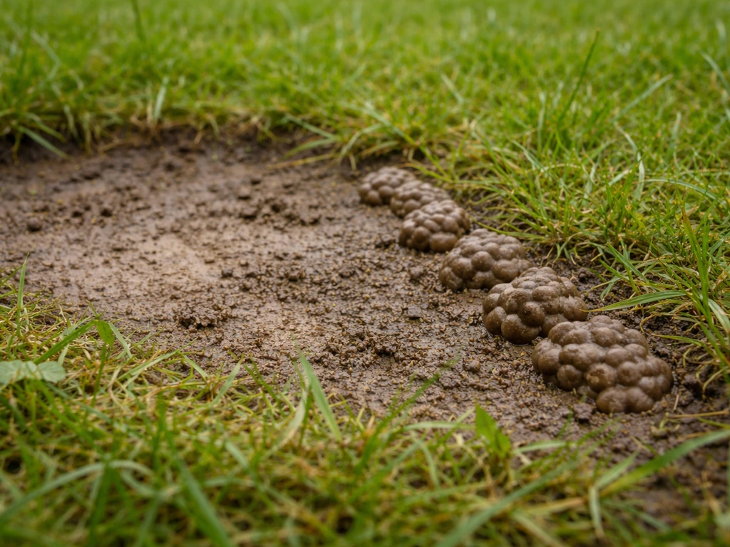 Close-up van modderige wormhoopjes naast een kale plek in het gazon, op natte aarde na regen.