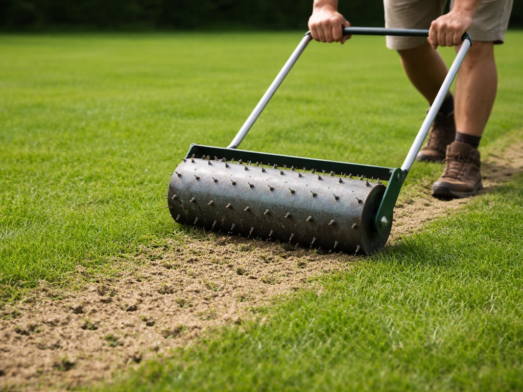Iemand rolt een beluchter/prikrol over een gazon, met zichtbare prikgaten en losgewerkt gras.