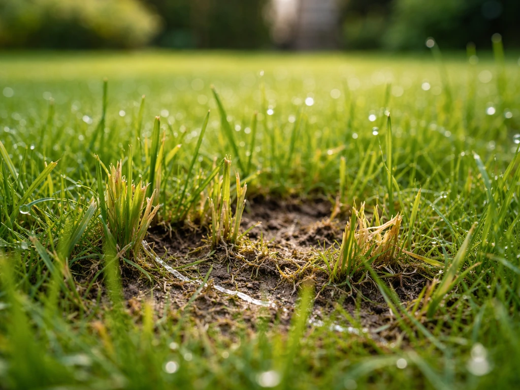 Grasperk in Nederland met zichtbare slakkenschade en glanzend slijmspoor op het gras.