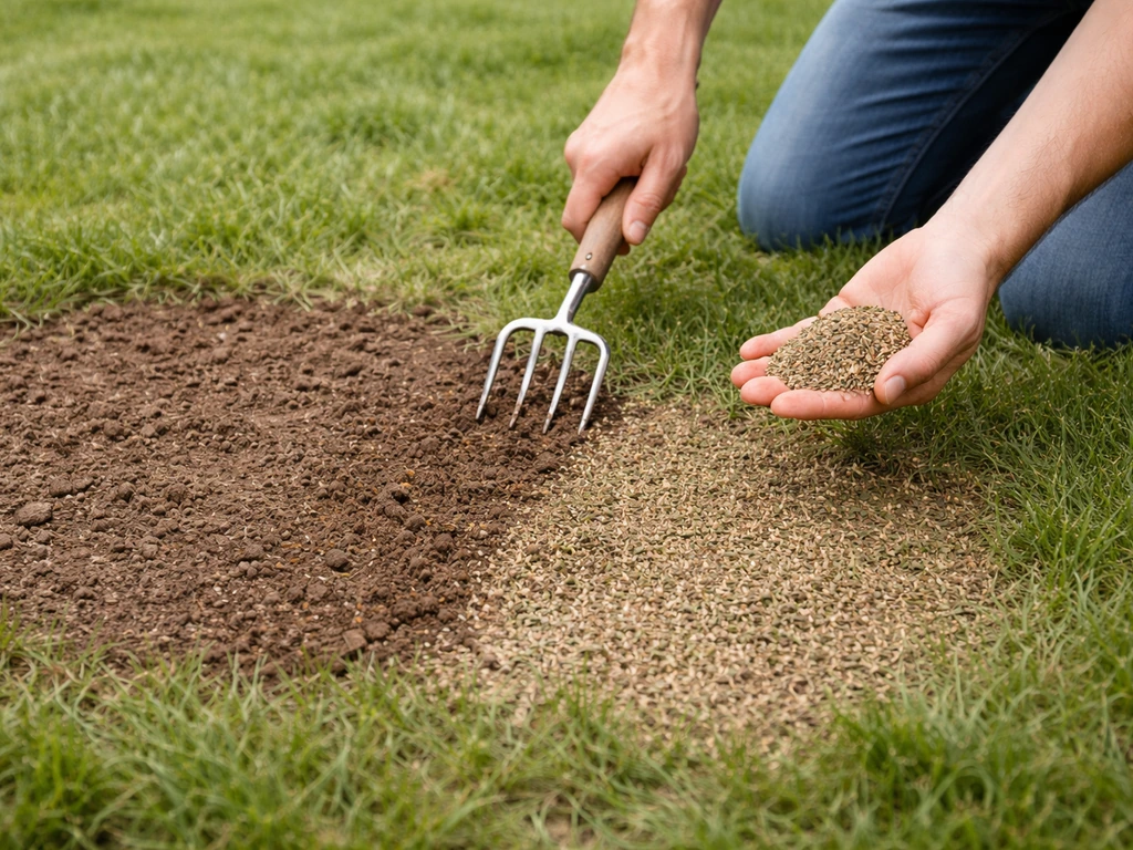 Tuinman maakt met grondvork gaatjes in kale plek van gazon en strooit daarna nieuw graszaad licht in