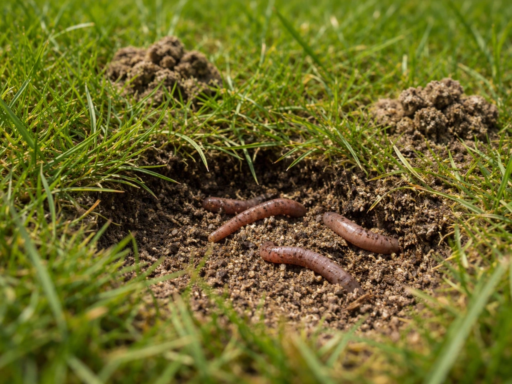 Zichtbare regenwormen en kleine wormhoopjes in een opengewerkt stukje graszode in een gazon