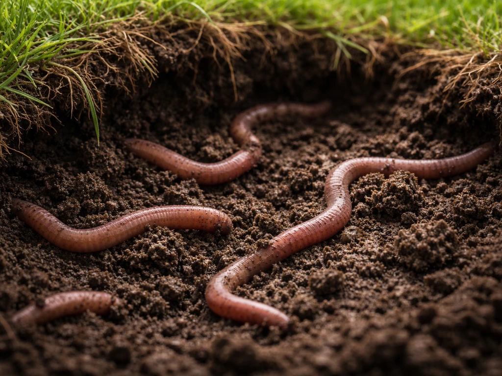 Regenwormen in vochtige aarde onder een opengewerkte graszode met kleine wormhoopjes.