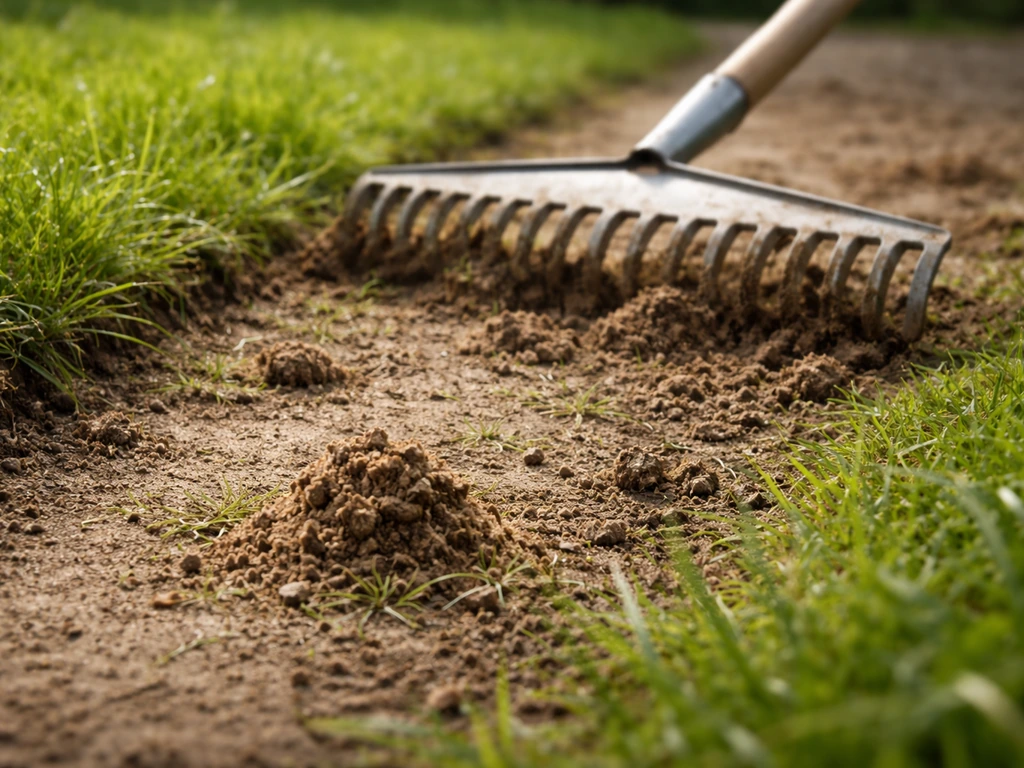 Bladhark die regenwormhoopjes onder het gras los trekt, met een duidelijk droog hoopje op de voorgrond.