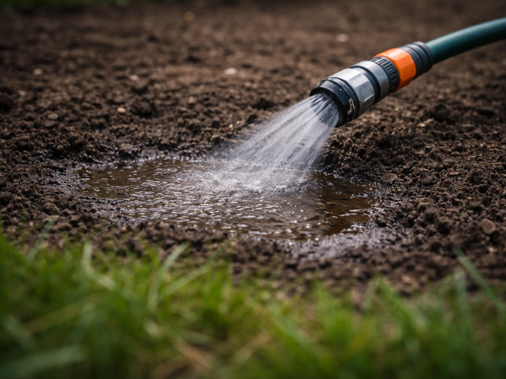 Beregeningsslang die water niet op het gras vernevelt, maar langzaam in de bodem laat trekken.