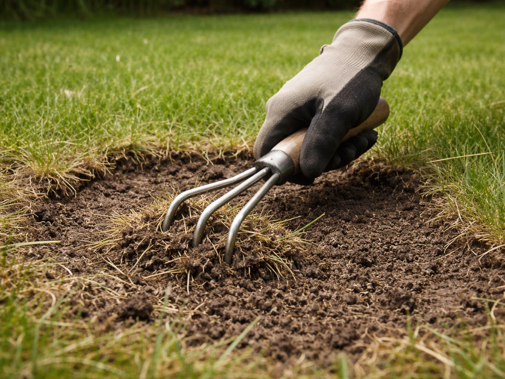 Hand met handhark verwijdert dood gras uit een kale plek in het gazon, klaar voor herinzaai.