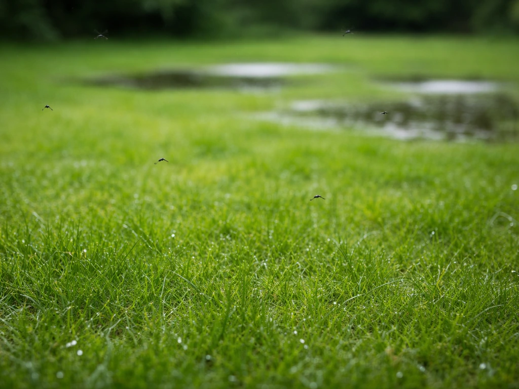 Muggen boven een groen gazon, met subtiele waterplasjes na regen op de achtergrond.