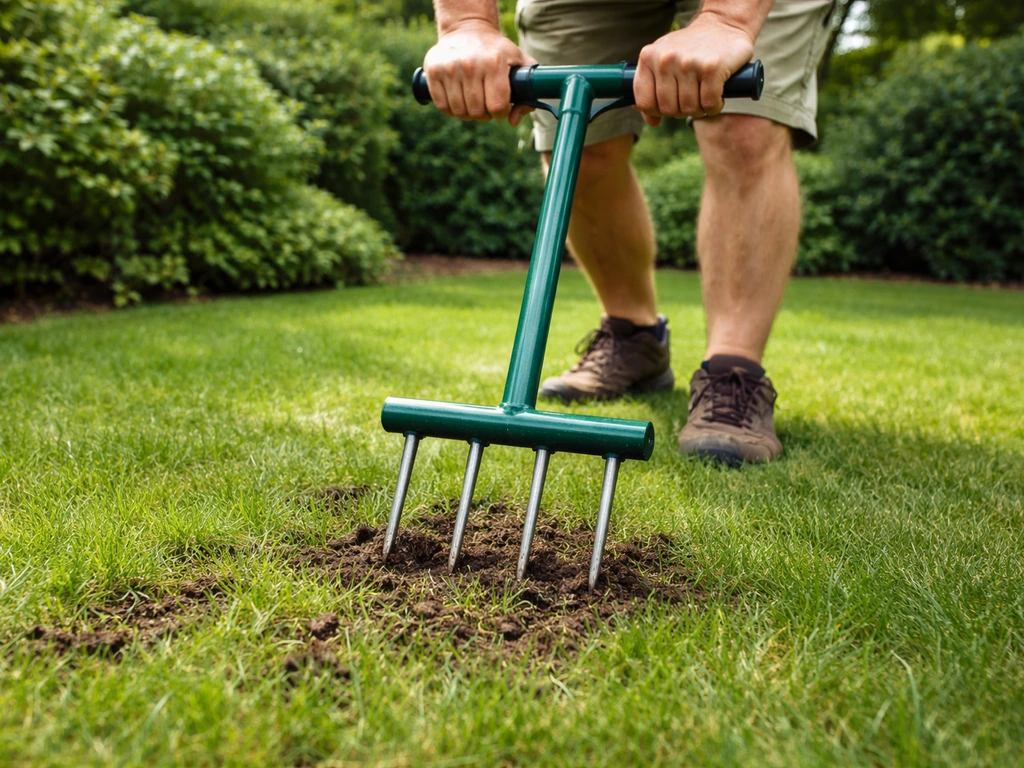 Iemand die met een gazonaerator/prikvork de grond van een groen gazon lucht, zodat regenwater beter wegloopt.