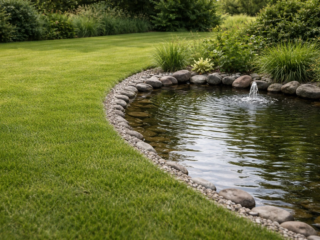 Kleine vijverrand naast het gazon met kort gehouden begroeiing en zacht stromend water door fontein