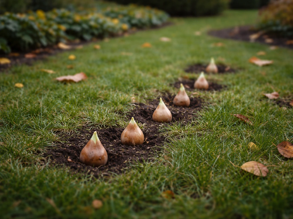 Net geplante tulpenbollen in opengewerkte plantstroken tussen gras in een NL-tuin
