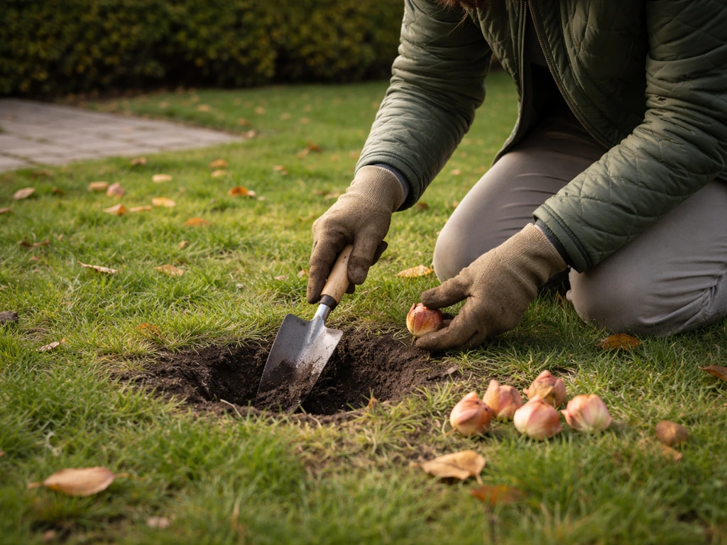 Tuinier die in herfsttuin tulpenbollen in het gras plant, met een schop en zacht herfstlicht