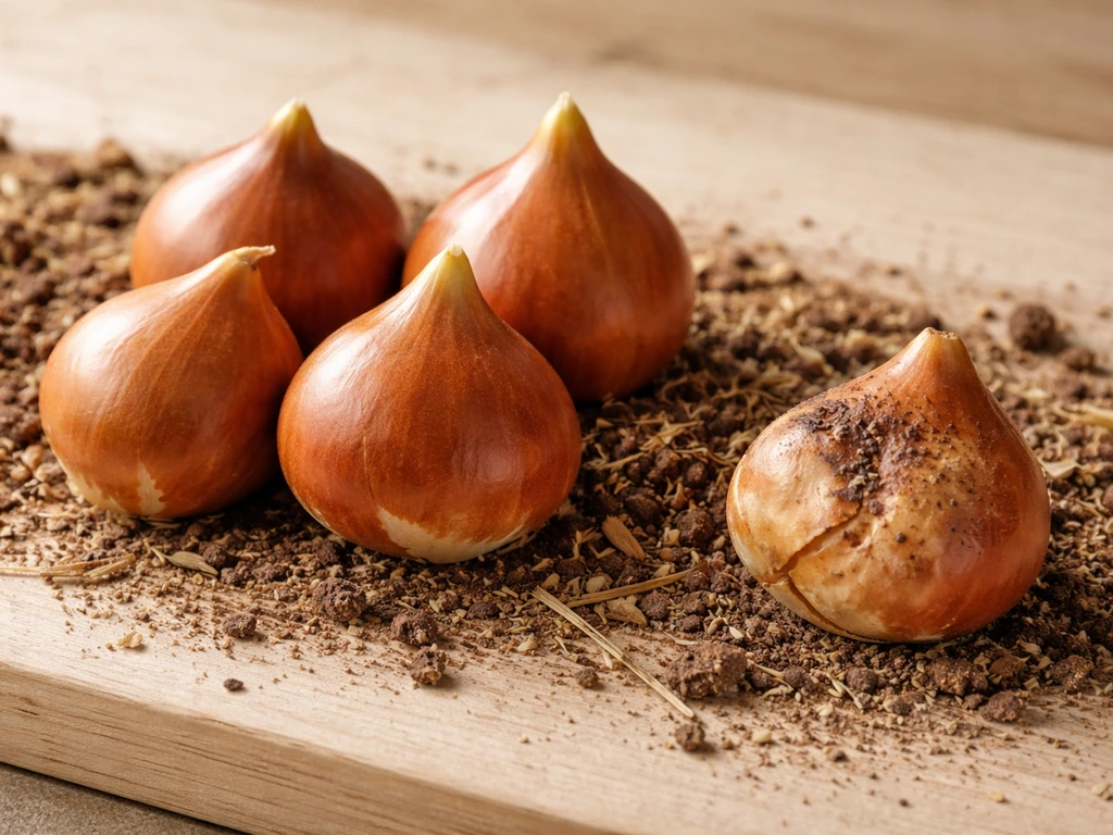 Close-up van gezonde stevige tulpbollen naast een afgekeurde bol met zichtbare schade, keuzehulp.