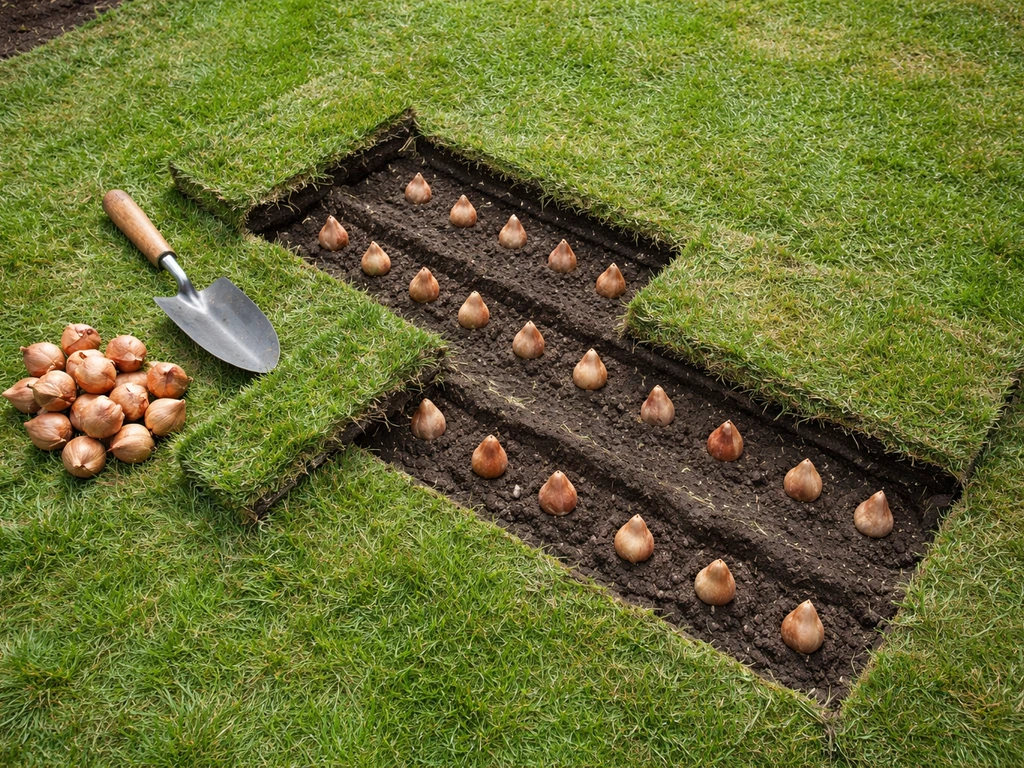 Bovenaanzicht: graszoden stroken weggelicht en tulpenbollen in kuiltjes geplant in bestaand gras.