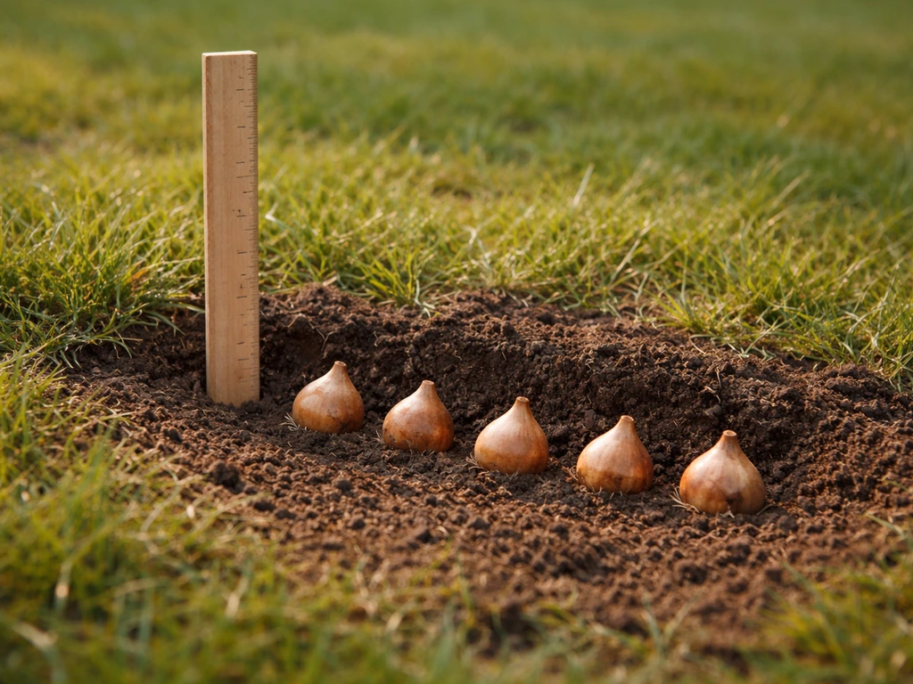 Kleine tulpbolletjes op gelijke diepte in gras met maatlat als referentie voor plantdiepte en onderlinge afstand.