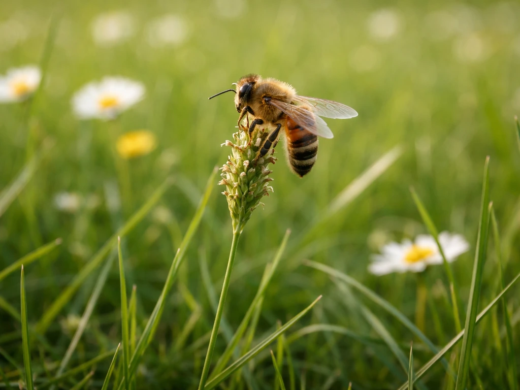 Kleine bij op bloeiend gras in een Nederlands gazon, met veldbloemen vaag op de achtergrond.