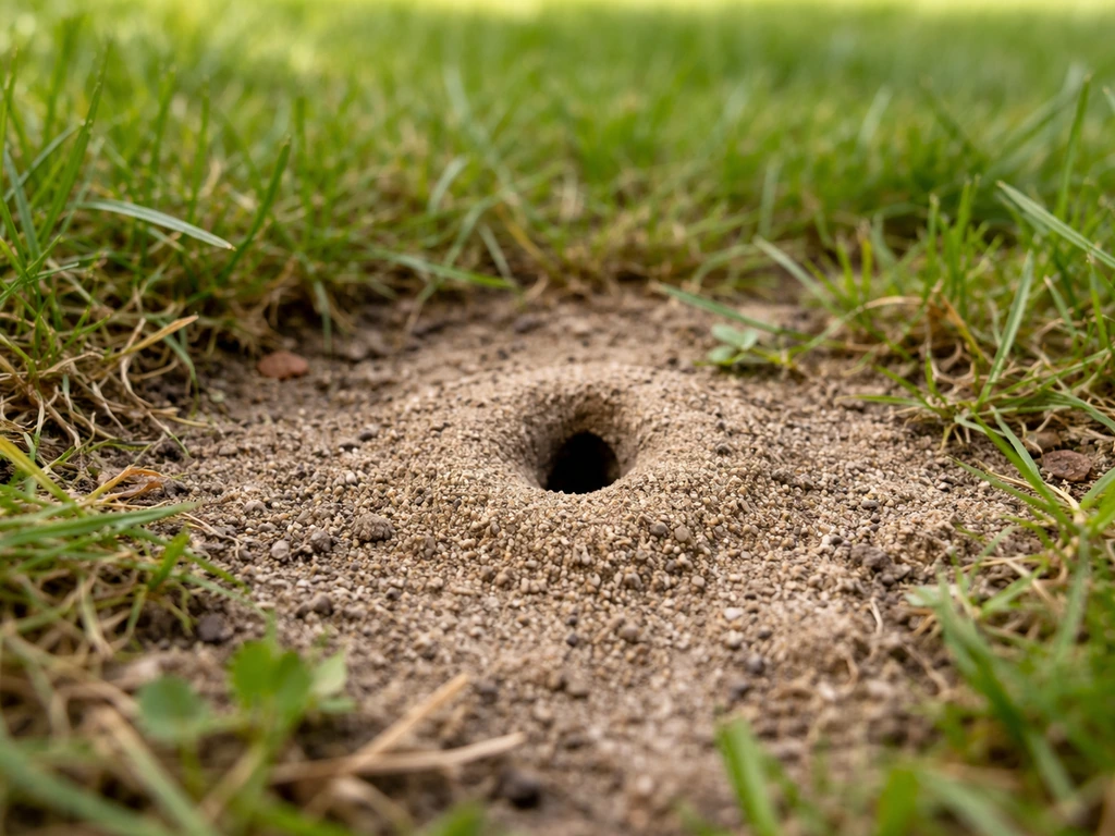Close-up van een klein nestgangetje van een zandbij-achtige grondnester in kort gras bij een kale plek.