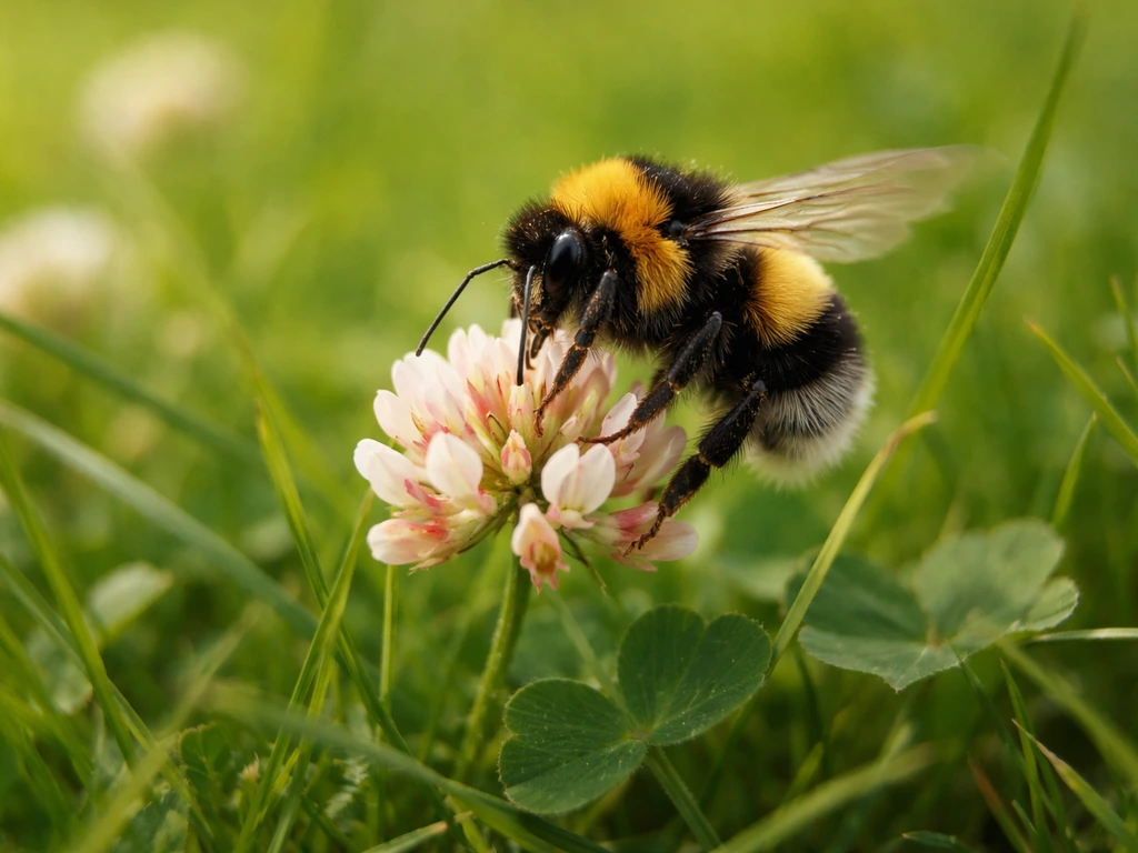 Een duidelijk harige hommel op een bloeiende plant tussen het gras, met subtiele vleugelbeweging.