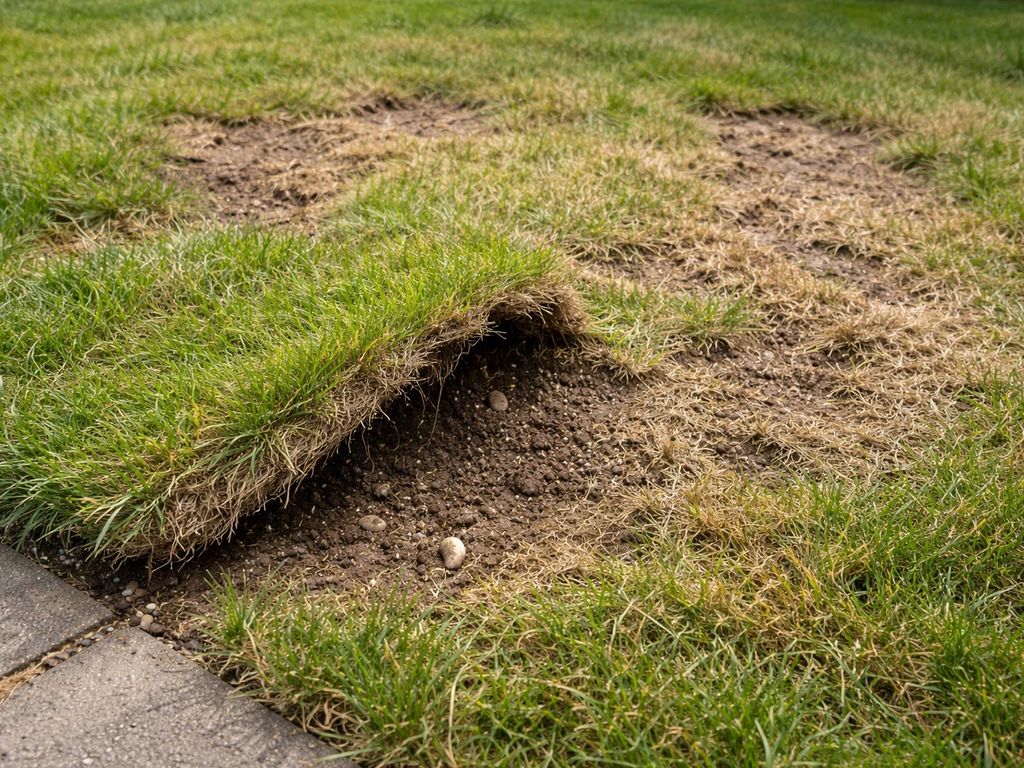 Beschadigd Nederlands gazon met loslatende graszode en kale/bruine plekken, herkenbaar voor emelten.