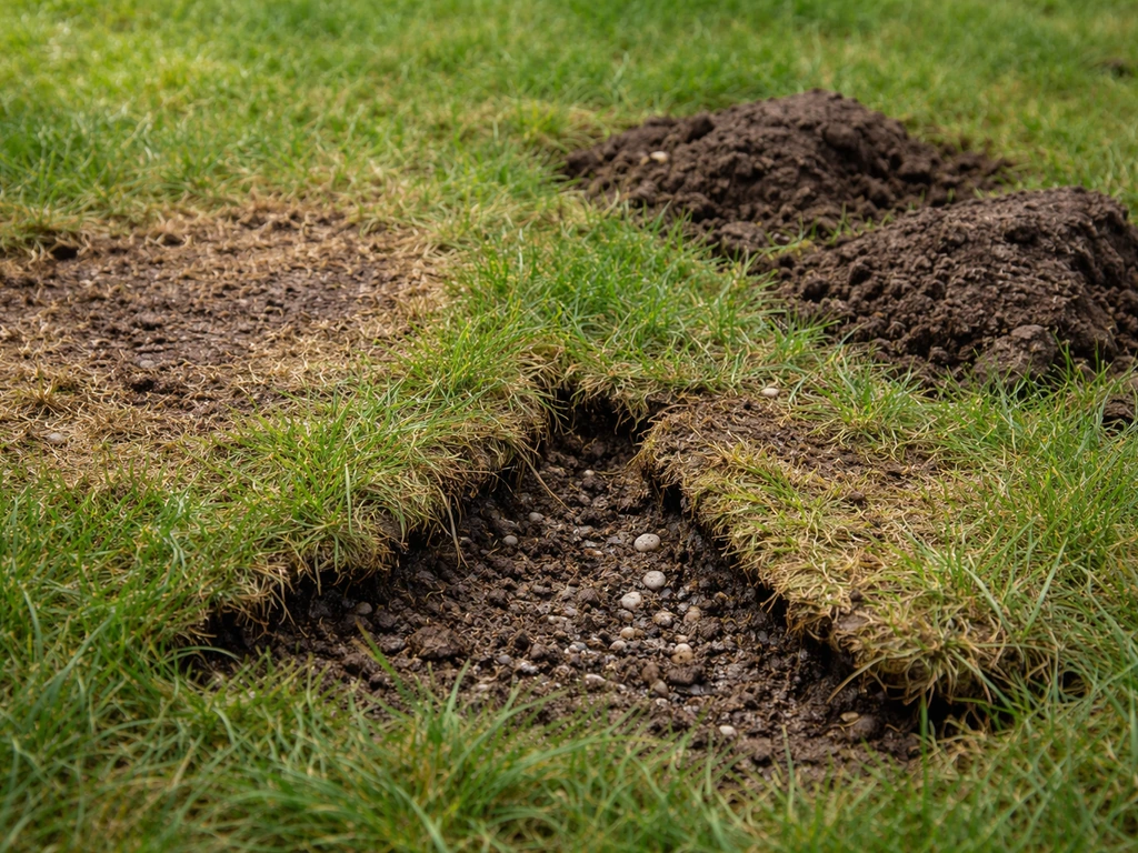 Grasveld met bruine kale plekken: beschadigde zode en herkenbare sporen van emelten en engerlingen versus mollen-schade.