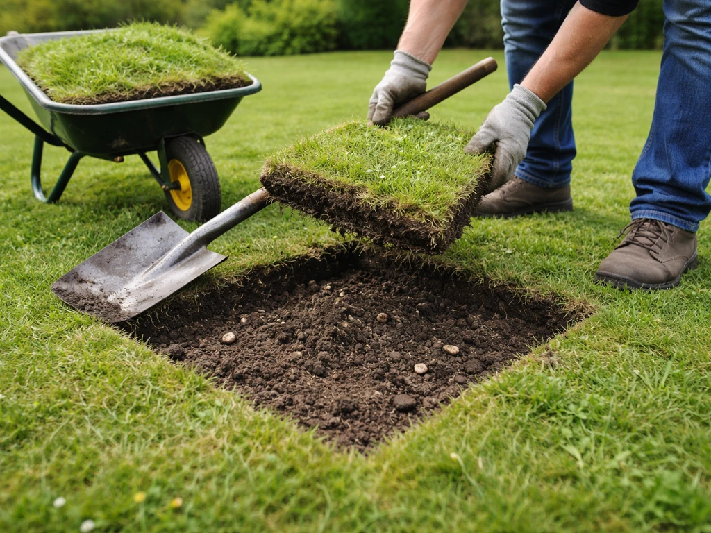 Handen tillen een 50x50 cm graszode los en inspecteren de aarde op een gazon, met schep en kruiwagen.