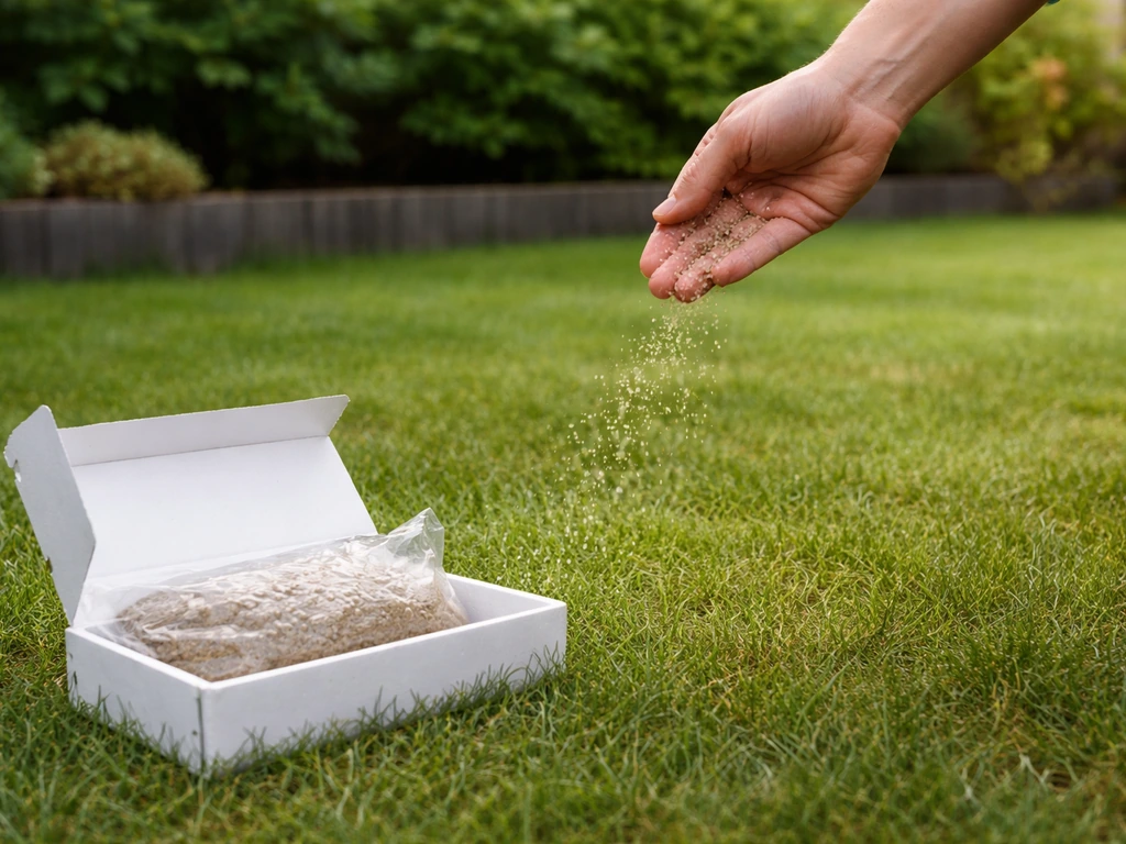 Iemand giet biologische gazonaaltjes uit een verpakking om emelten op het gazon te bestrijden.