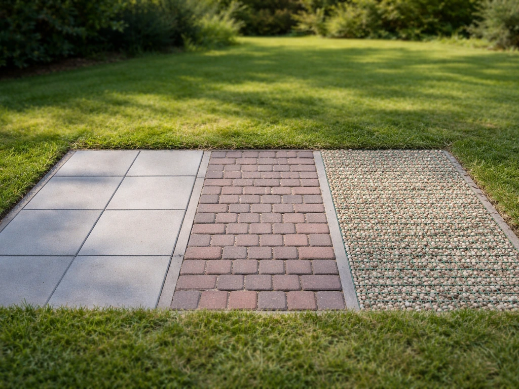 Naast elkaar gelegde proefstroken met terrasmaterialen (tegels, straatstenen en grind/grasgrind) aan een gazonrand