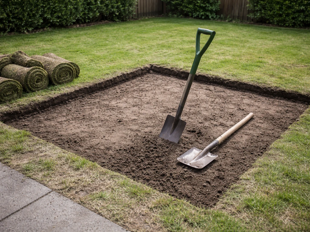 Lege grasvelden contour uitgegraven: sleuf klaar voor fundering van terras met schop en graszode-snijder