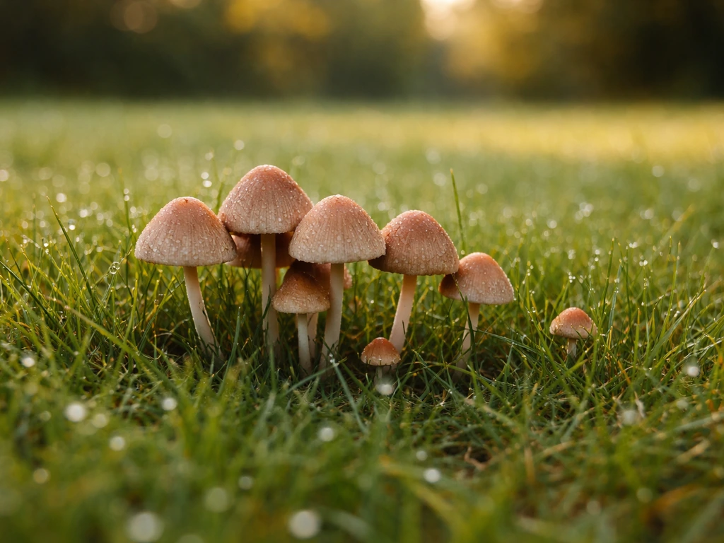 Herfstige paddestoelen uit het gras in een rustig Nederlands gazon, met dauw en zacht natuurlijk licht.
