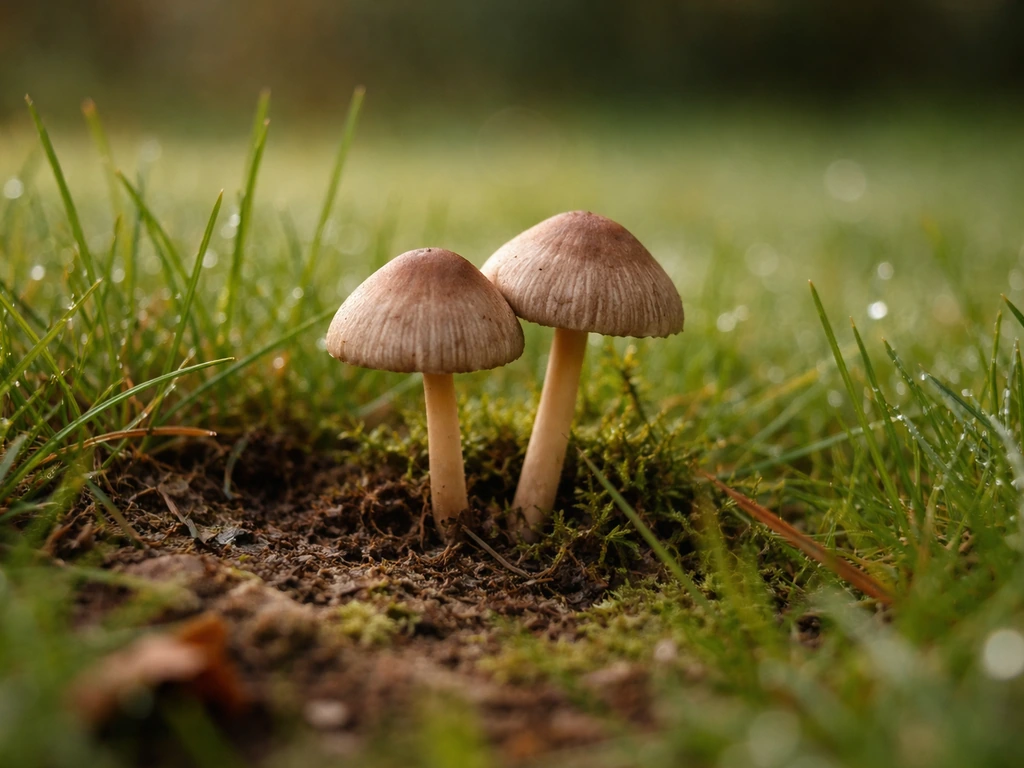Close-up van paddestoelen in het gras met zichtbare groeiplek voorin.