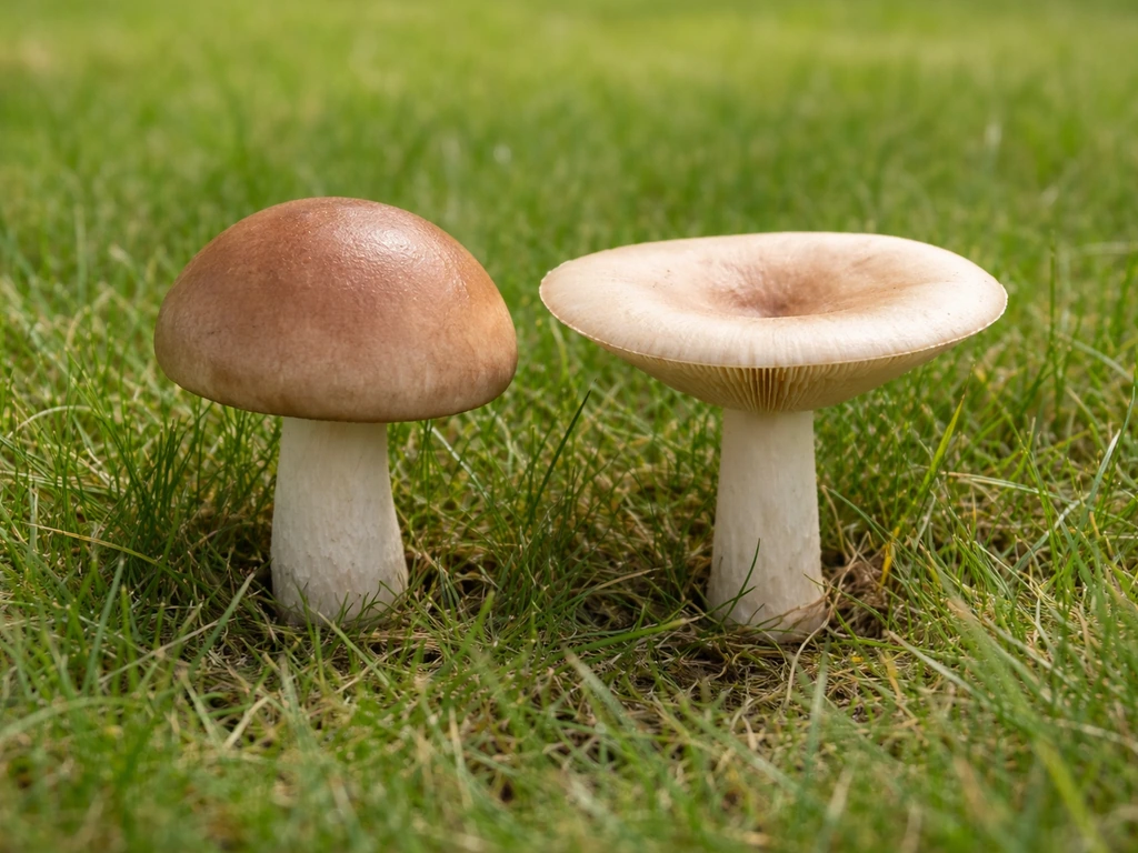 Twee soorten paddestoelen in het gras, naast elkaar, met duidelijk verschil in hoed en steel en grasconditie.