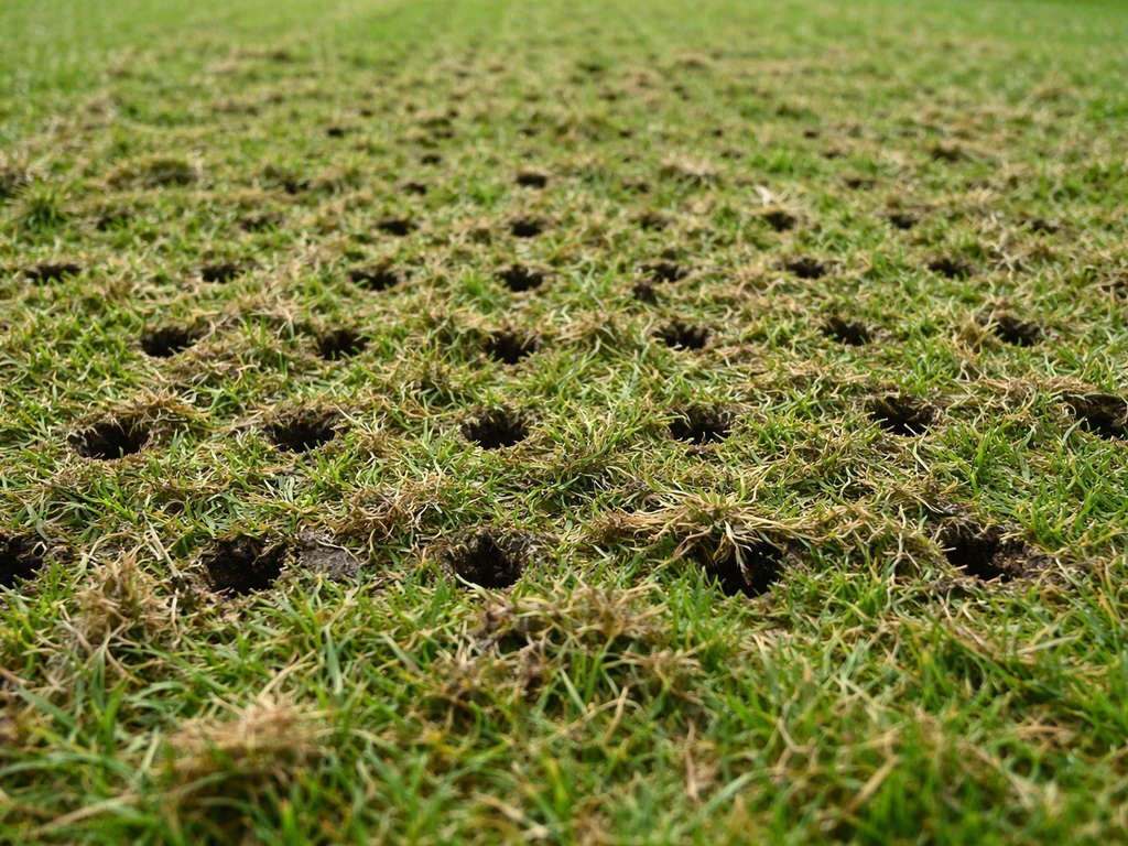 Close-up van een gazon met beluchte/verticuteerde plekken: gaatjes in de bodem en los vilt zichtbaar.